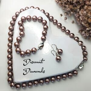 Champagne 10 mm 4 Pc South Sea Shell Pearls Necklace Bracelet Earrings 925 Clasp